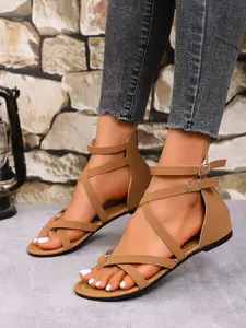 Spring Summer Women's New Flat Roman Sandals with Cross Strap, Toe-Exposed Beach Vacation Shoes, Back Zipper Casual Female Slippers Rubber