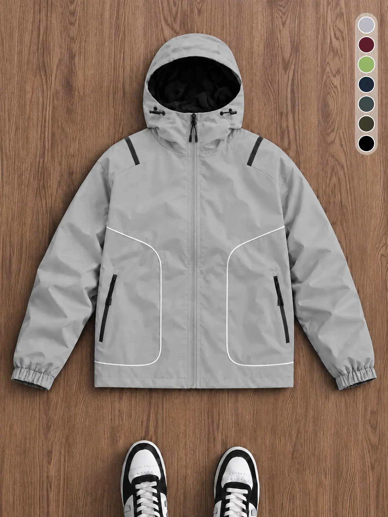 Men Solid Hooded Windbreaker Jacket White Line Stitching Detail Drawstring Adjustable Hood Elastic Cuff Full Zip Loose Outdoor Streetwear Multi Color Coat