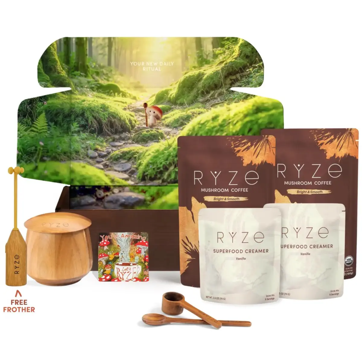 The RYZE Collection - Mushroom Coffee Bundle with Two Bags Medium Roast Coffee, Two Bags Vanilla Cashew Creamer, Jar, Scoop, Spoon, Frother, Glass, and Affirmations Book