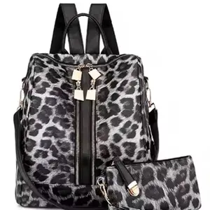 Leopard Print Women's Gray Leather Backpack with Zipper Closure and Shoulder Strap