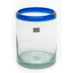 Set of 6 Hand-Blown Tumbler (10 oz) Glasses from Mexico with Cobalt Blue Rim - Rustic & Handcrafted Recycled Bubble Glass Drinking Glassware