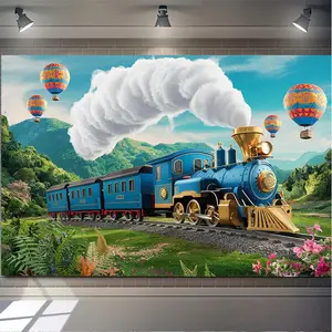 Reusable Steam Train Adventure Birthday Backdrop, 1-Piece Polyester Party Decorations Banners, Home Room Wall Decor Prop, Festive Gift Ornament