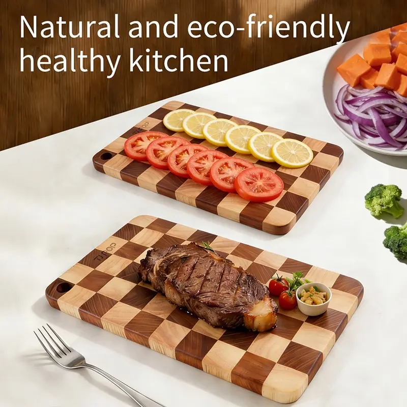 Rubberwood and Sapele Cutting Board, Checkered Pattern, Easy-To-Clean Solid Wood, Dual-Sided, Ideal for Meat, Cheese, Bread, Vegetables, Fruits