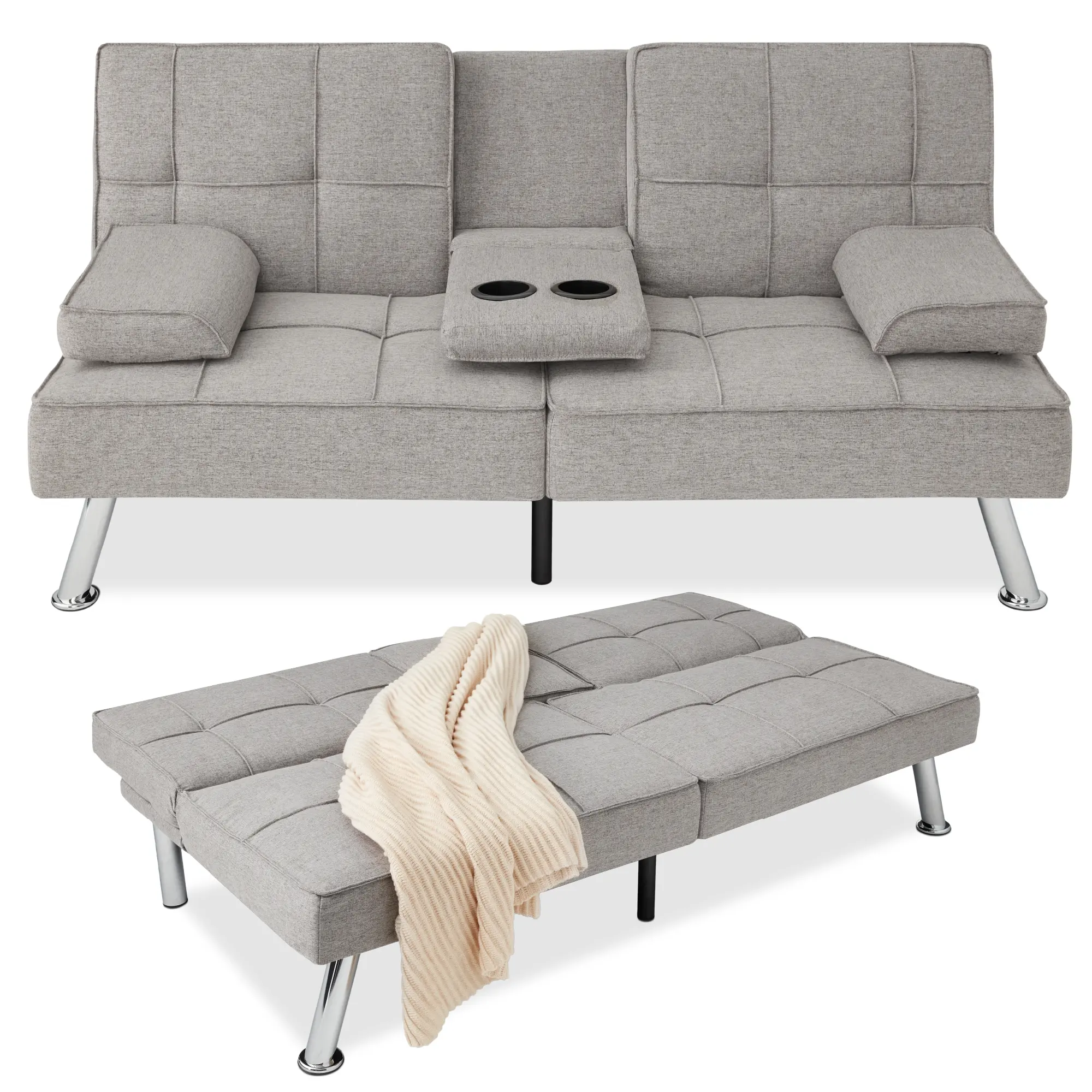 Best Choice Products Modern Linen Convertible Futon Sofa Bed w/ Removable Armrests, Metal Legs, Cupholders