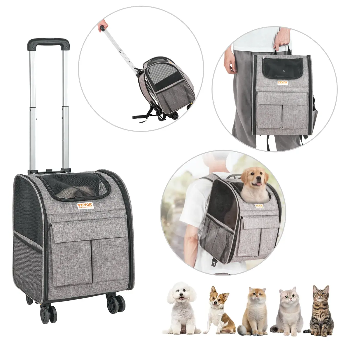 Rolling Pet Carrier Backpack with Removable Wheels for Under 18LBS, Large Soft Sided Wheeled Dog Carrier Cat Travel Carrier Airline Approved for Small Dogs and Medium Cats with Upgraded Wheels, telescopic handle