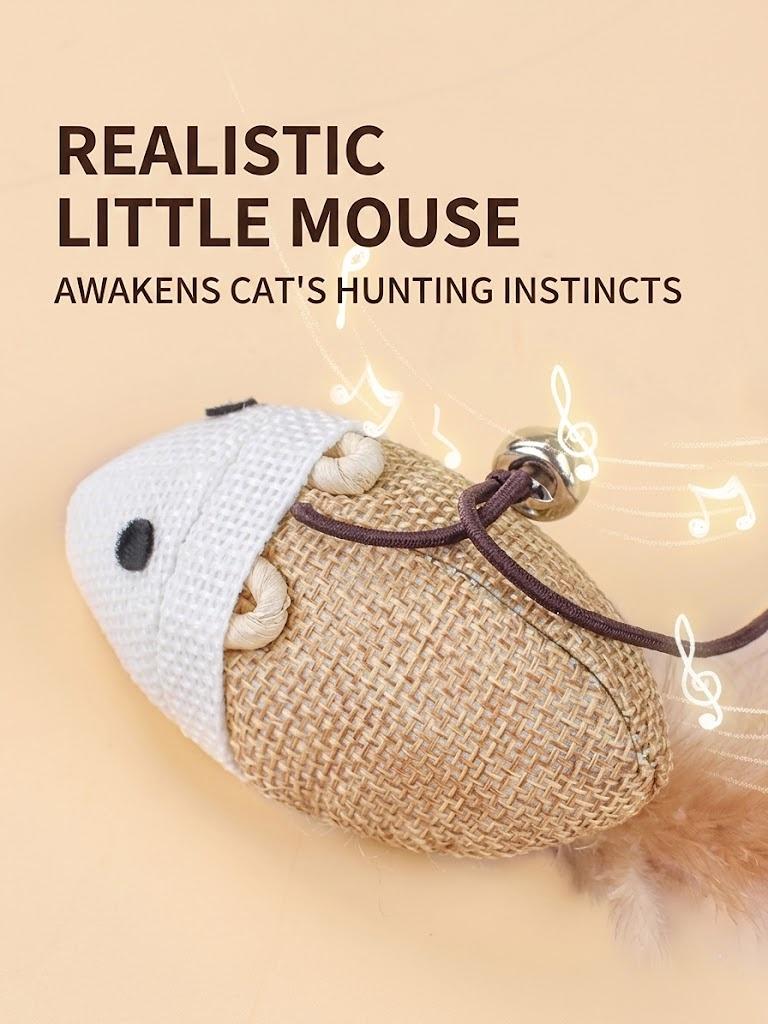 Handcrafted Natural Wood Cat Teaser Wand Toy with Durable Jute Rope Mouse, Real Feathers and Jingle Bell - Interactive Log Teasing Stick for Indoor Cats, Kittens, Exercise and Hunting Play