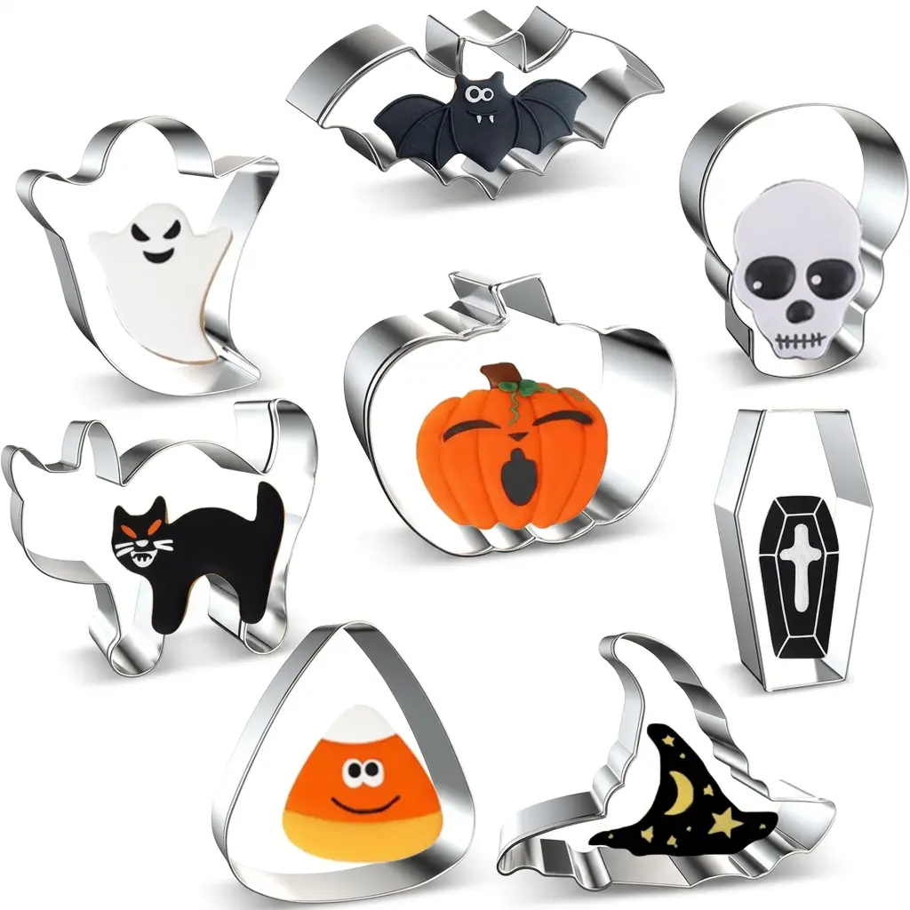8PCS Halloween Cookie Cutters Set, Ghost Bat Pumpkin Skull Shapes, Stainless Steel Baking Molds for Halloween Cookies & DIY Crafts