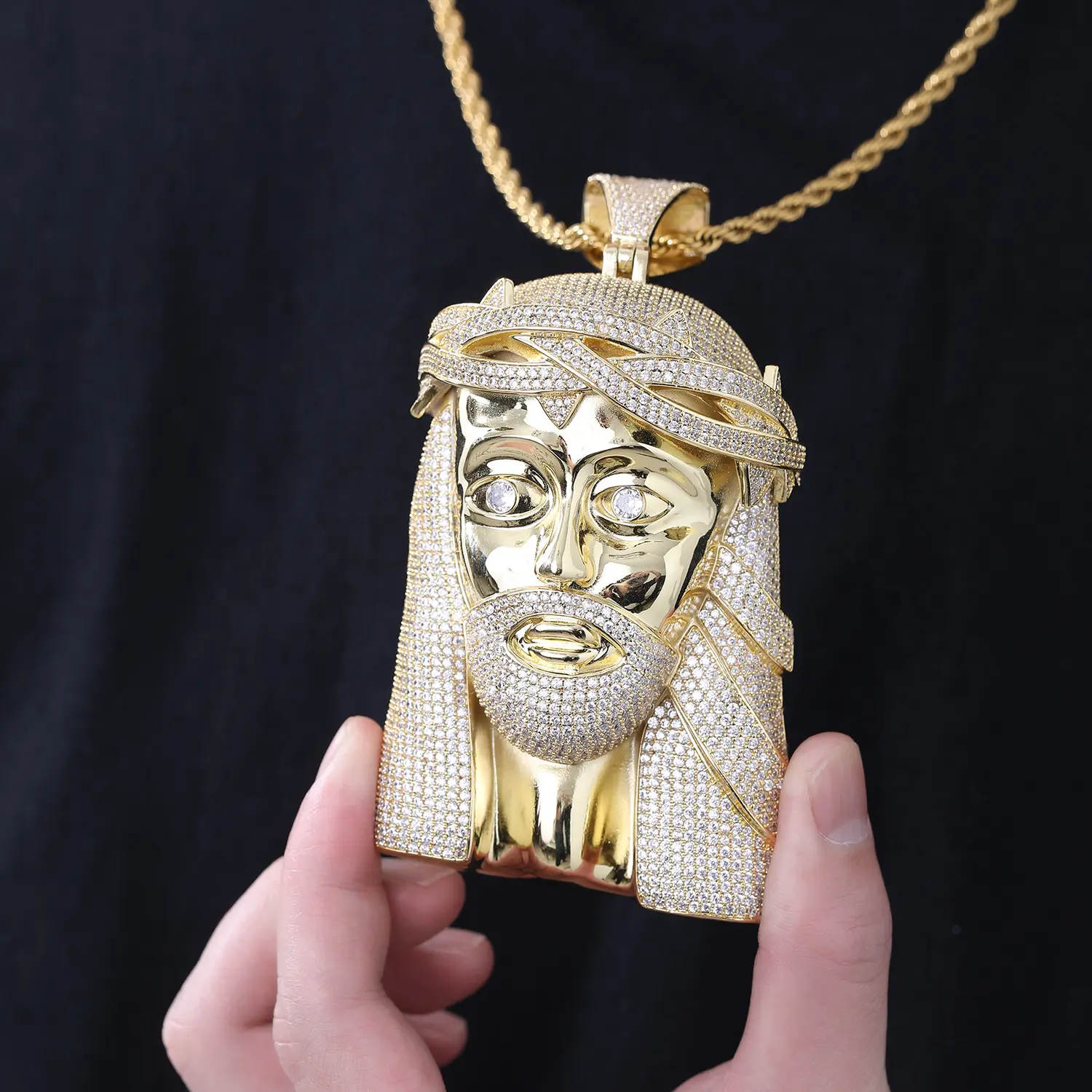 M2-2200 Iced Out Jesus Piece Pendant Neck, Metal Coated Golden Tone Bling Chain, Engraved Hip Hop Costume Jewelry for Concert & Casual Wear