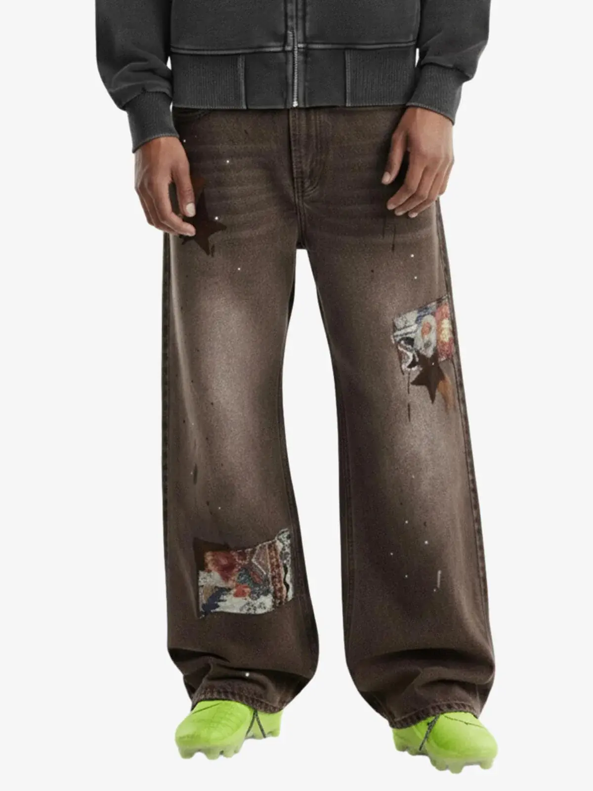 Supermade Men's Retro Patchwork Washed Wide Leg Denim Jeans - Menswear Outfits, Oversized Vibe, Perfect for Pairing with Jackets, Graphic, Vintage, Streetwear, Pocket, Casual, Distressed, Classic, Soft