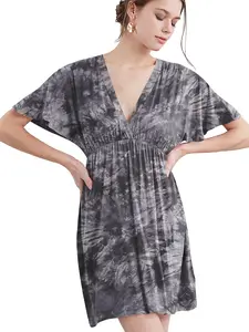 WDR2386 Women's Airy Short Sleeve Kimono Style Deep V Neck Tie dye Dress