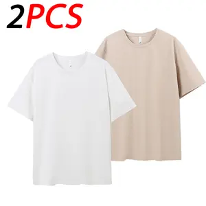 Set of 2 men’s solid-color crew-neck T-shirts, suitable for summer wear, soft and breathable fabric, cotton material., Casual, Top