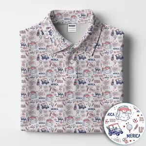 Patriotic Golf Polo Shirt for Men – Funny Eagle Merica 4th of July Fireworks All Over Print Polo