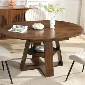 YunKiTech 43.3"–59" Expandable Round Dining Table for 4–8,Oval Table with Slatted Base and Removable Extension Leaf; Large Modern Farmhouse-Style Round Table, Suitable for Kitchens and Dining Rooms,Easy to Clean, Water-Resistant, and Durable