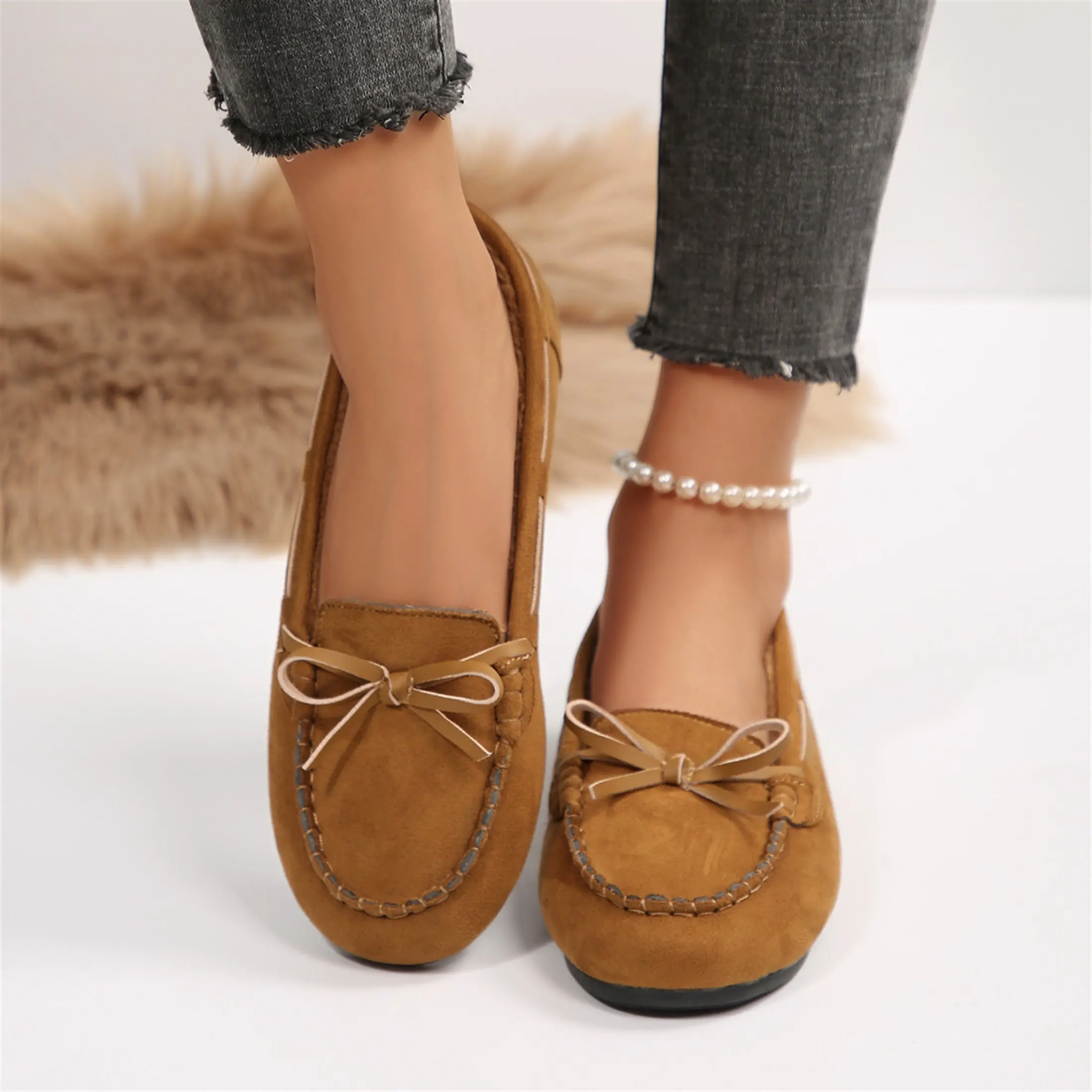 Women's Bowknot Warm Fleece-Lined Slip-On Loafers Casual Comfortable Flats Indoor Outdoor Shoes Springfresh
