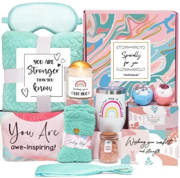 Mindfulmindz Deluxe Gift Set Box for Women - 15-Piece Spa Kit with Cozy Blanket, Tumbler, Candle, Socks, Bath Bombs, Eye Mask, Headband, and Personalized Card - Perfect for Any Occasion