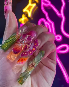 Aura Nails - Vibrant Floral 3D Press On Nails  Artistic Flower And Butterfly Fake Nails  Bold Nature-Inspired Nail Art  Luxurious Floral Nails