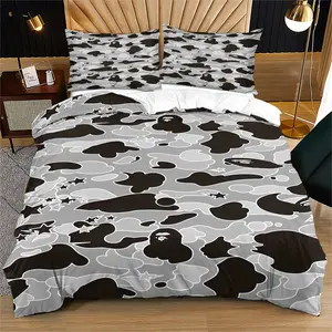 A Bathing Ape Style Camo Duvet Cover Set (2/3 Piece, No Filling), Includes 1 Duvet Cover + 1/2 Pillowcases, Grey Camo Star Bedding Set for Hypebeast Teens & Adults, Bedroom Decor, Decorative Duvet Cover, Bed Sets