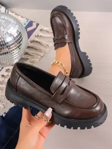 Women's Soft Sole Anti-Slip Round Toe Thick Heel Loafers, Casual British Style Student Shoes for All Seasons, Spring & Fall