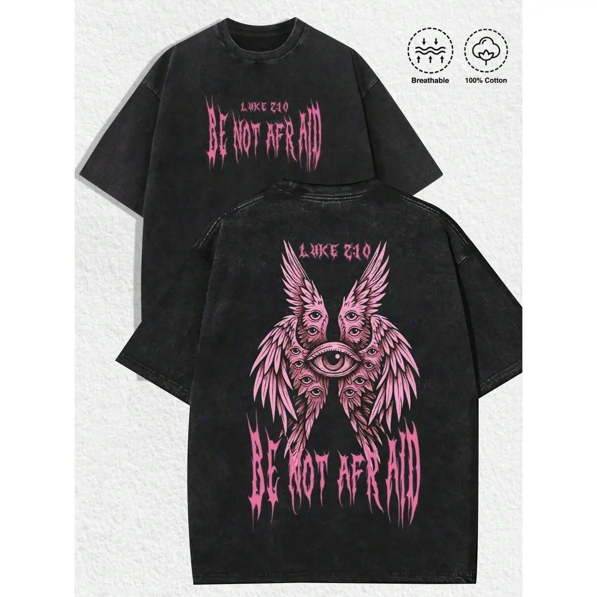 Women's Oversized Graphic T-Shirt, Vintage Gothic 'BE NOT AFRAID' Angel Print, Soft 100% Washed Cotton Short Sleeve Streetwear Top, Washed Cotton Tee-Black, Lightweight, Cargo, Fabric, Round Neck, Thanksgiving