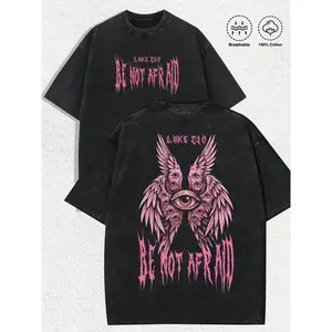 1 PCS "Retro Religious-Gothic 'BE NOT AFRAID' Pink Multi-Eye Winged Angel Illustration & Luke 2:10 Verse" Print Black T-Shirt, Vintage Distressed Aesthetics, Spring/Summer Men Women Clothes, Regular Fit T-Shirt