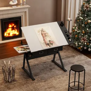 Adjustable Drawing Drafting Table Desk with 2 Drawers for Home Office School White Tiltable MDF Board 69-91cm Height Adjustable Legs Stool Included