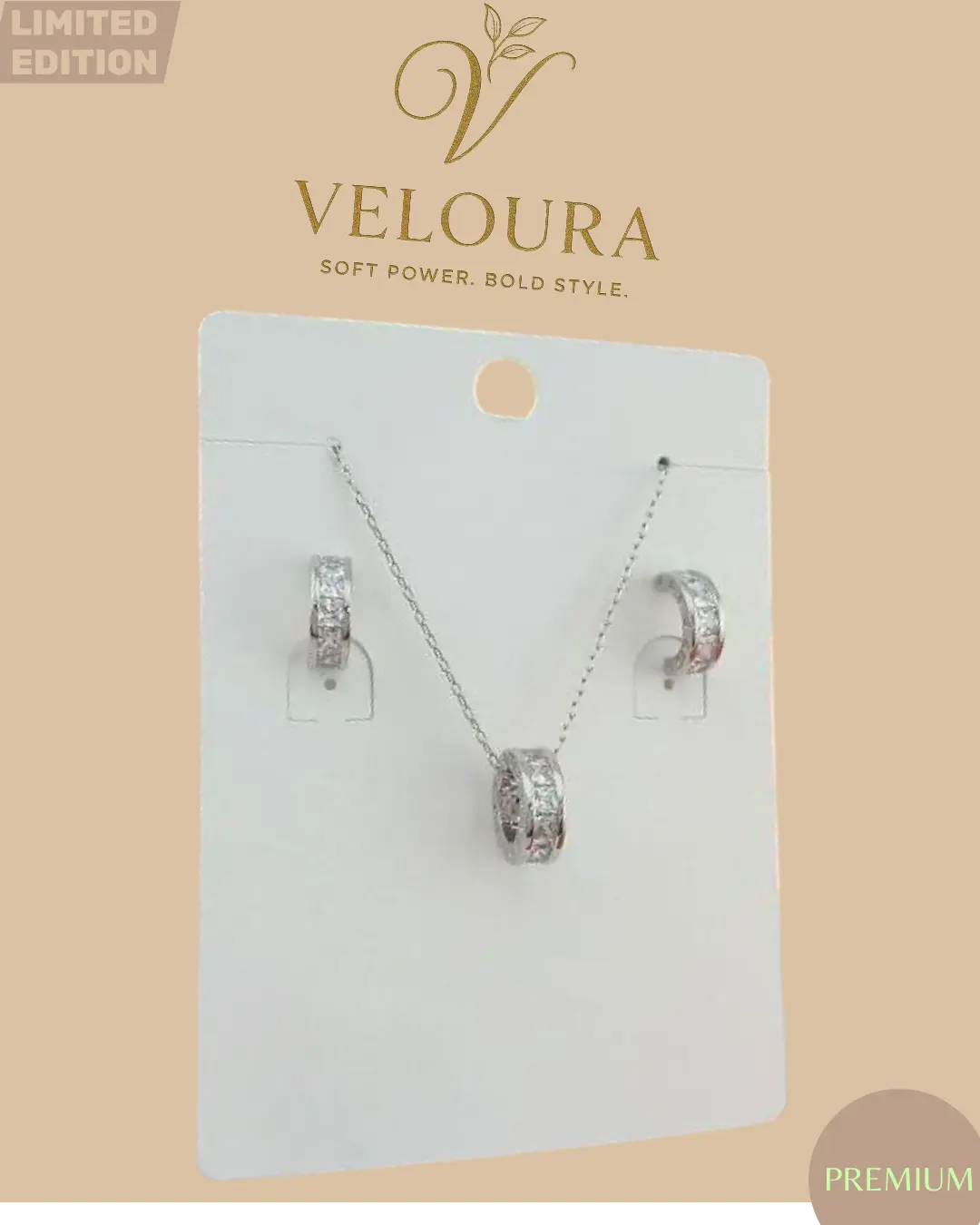 Silver Pavé Barrel Pendant Necklace & Huggie Earring Set