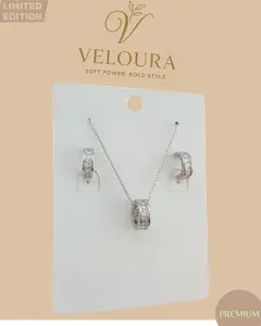 Silver Pavé Barrel Pendant Necklace & Huggie Earring Set
