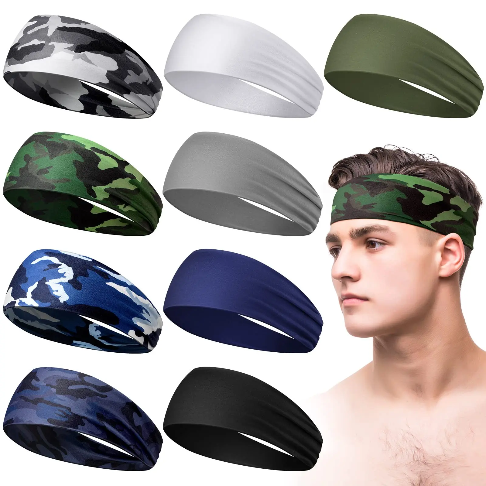 Men's 9-Pcs Sweat-Absorbing Wide Sports Headbands - Camo & Solid Fitness Sweat Bands, 4.7x9.8 Inch for Basketball, Running, Yoga, Fitness Sweat Band, Sports Headband