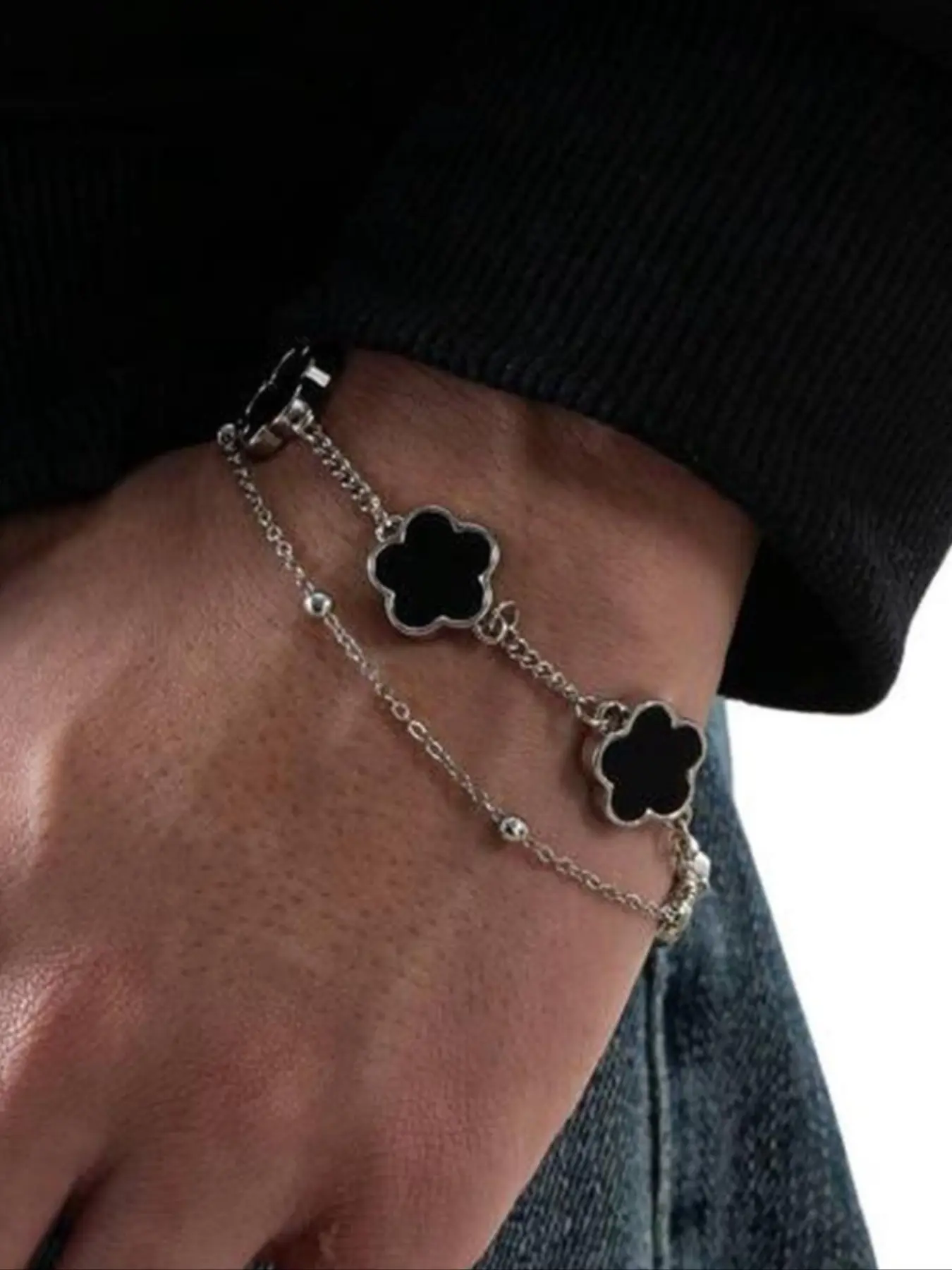 Fashion Flower Double Layer Alloy Chain Bracelet, Stackable Double Layered Bracelets, Simple Style Unisex Couple Design, Casual Daily Wear Accessory for Men & Women, Fashionable Jewelry