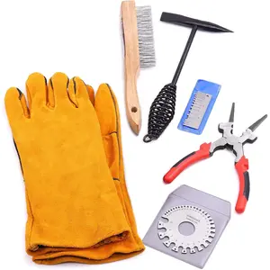 6Pcs Industrial Slag Removal Welding Tools Set Includes 10 Inch Hammer 8 Inch Pliers Wire Brush Gloves Wire Gauge Thickness Gauge Black Red Brown 0.45kg