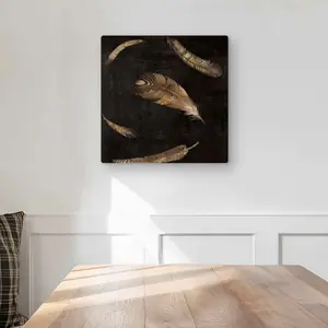 Begin Home Decor C1MP1616SKZ4O1 16 x 16 in. Golden Feathers - Office Feathers Metal Print Wall Art for Home Decor