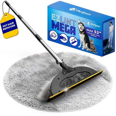 PetLovers EzLint Mega 52" Carpet Rake & Pet Hair Removal Tool – Dog & Cat Hair Remover Broom with Adjustable Handle & Extra Wide Head for Carpets, Rugs & Stairs (Black)