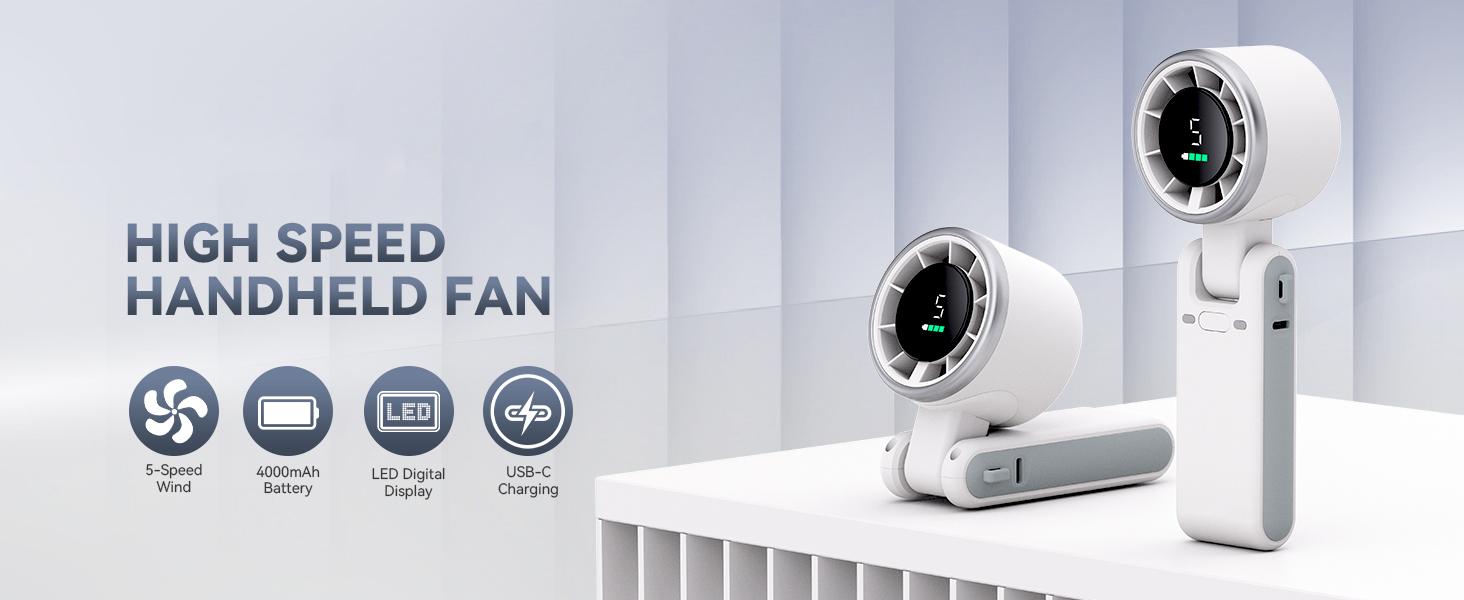 Portable Handheld Turbo Fan, 5 Gear Wind, Battery Operated, Up to 12 Working Hours, 3 IN 1 Hand Fans with Air Turbo Tech Cooling Fan for Outdoor Activities, Travel, Beach (White)