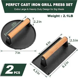 Cast Iron Smash Press Set | Burger, Steak & Bacon Press with Heat-Resistant Wood Handle for Griddle & Pan