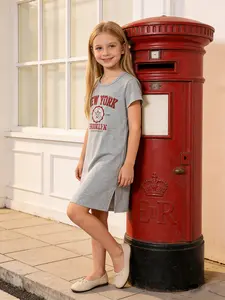 Girls Summer Casual Streetwear Short Sleeve T-Shirt Dress, Round Neck Alphabet Print Dress, New York College Style Outdoor Dress