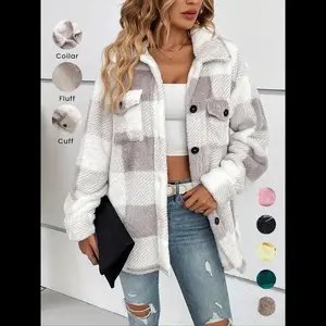 Women's Plaid Print Button Front Fuzzy Coat, Casual Drop Shoulder Long Sleeve Collared Outerwear for Fall & Winter, Ladies Clothes for Daily Wear Tops Womenswear