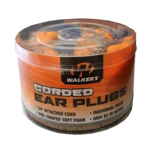 Walker's Corded Foam Ear Plugs -50 Pair Jar - Orange - Each Pair with 24" Atttached Cord