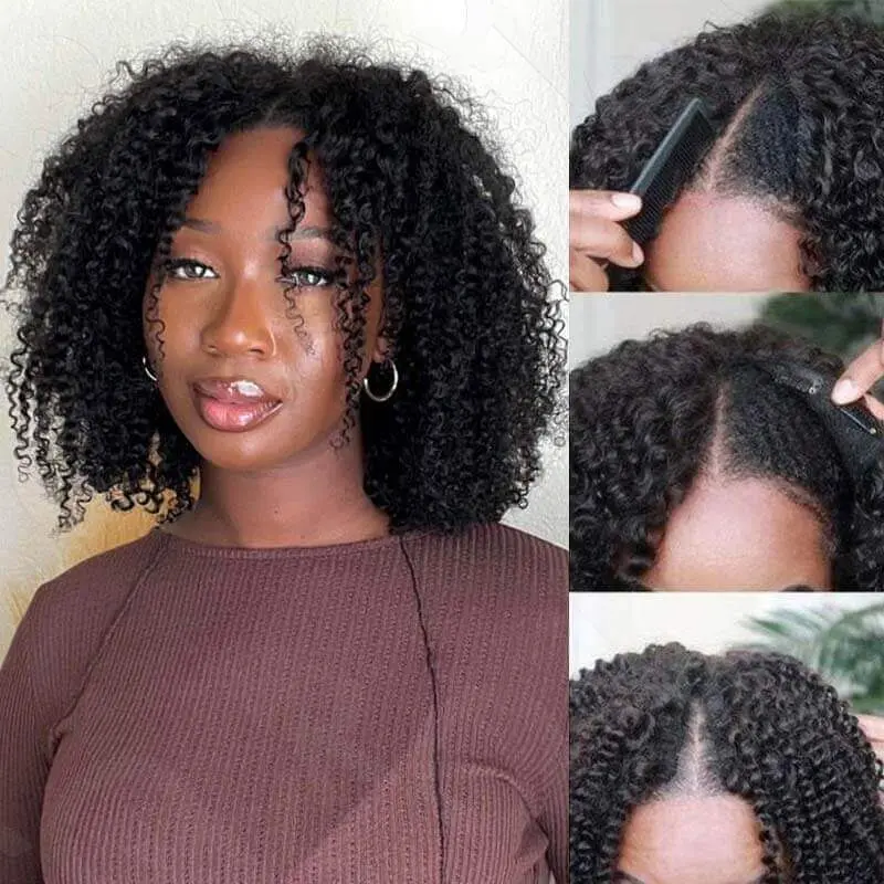 QVR Women's Fluffy Kinky Curly V-Part Human Hair Full Machine Wig, Beginner-Friendly No Leave-Out Design, Fluffy Curly Wig
