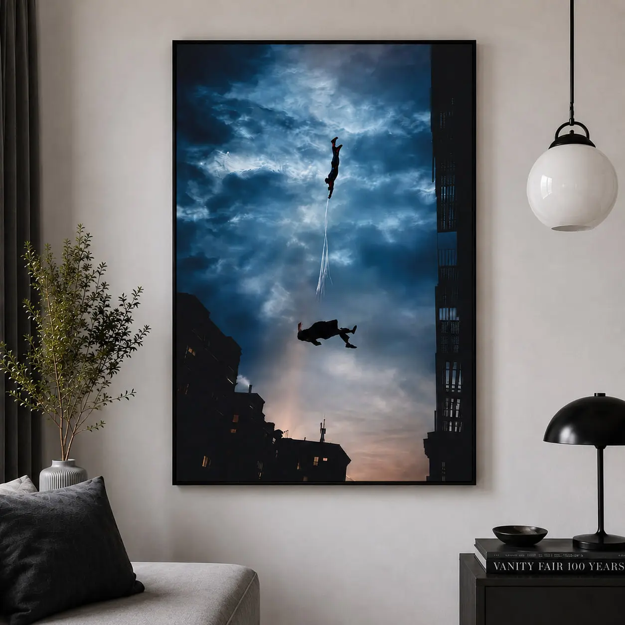 [NO FRAME] Spidey Rescue Poster, Dark Urban Sky Action Wall Art, Superhero Inspired Room Decor Print