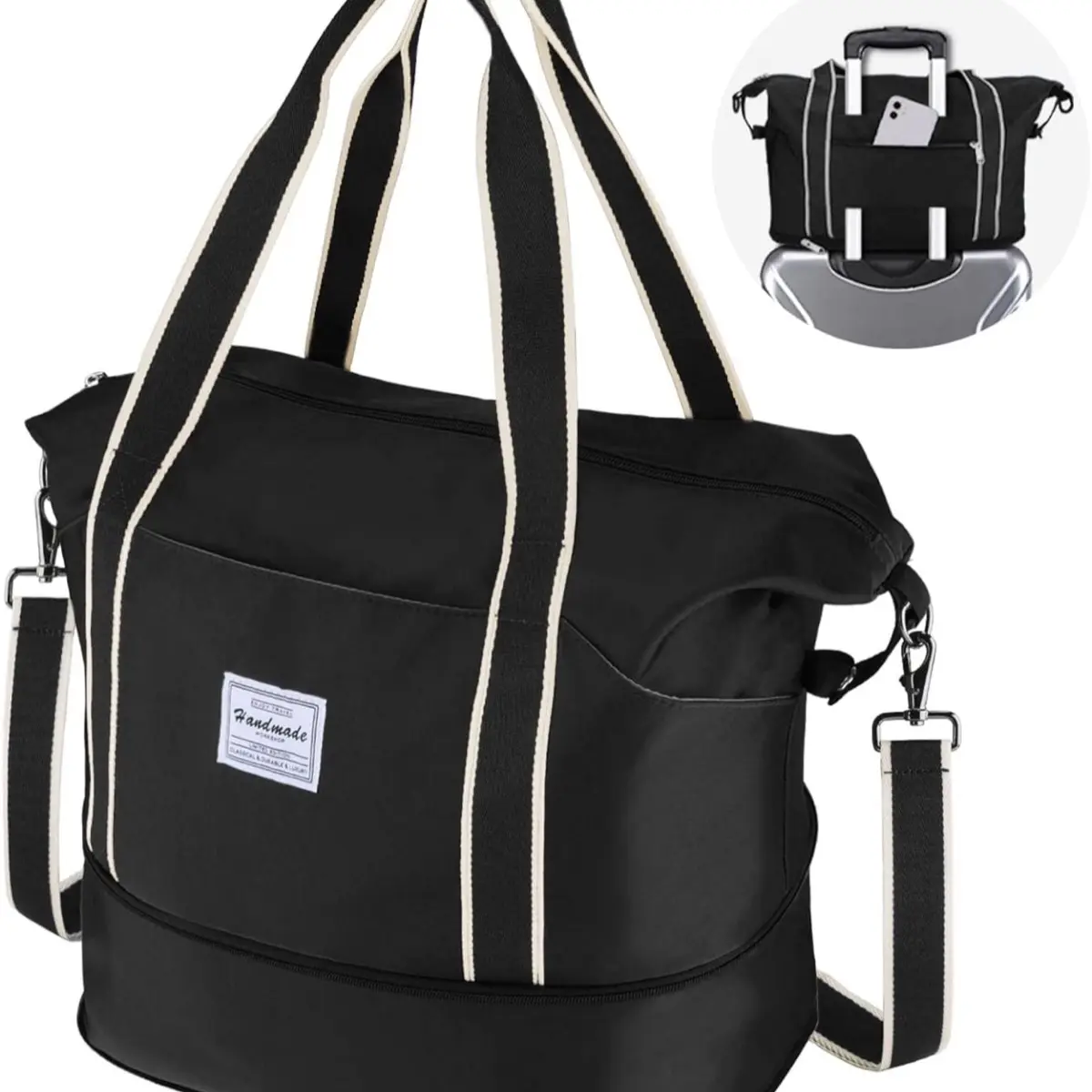 WALNEW Travel Duffel Bag, Weekender Overnight Carry On Bag for Women Men, Foldable Waterproof Gym Luggage with Metal Buckle Detachable Shoulder Strap and Wet Compartment (Black)