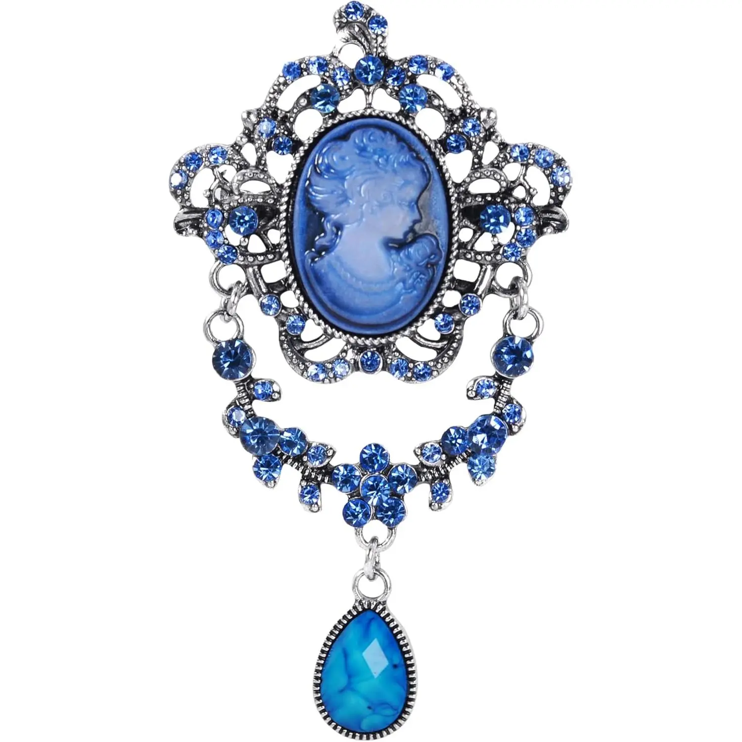 Antique Blue Rhinestones Cameo Brooch Pin