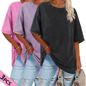 3-Pack – Women’s 230 g Heavyweight Pure Cotton Short Sleeve T-Shirts – Washed/Distressed Casual Crew Neck Tops, Machine Washable, Comfortable for Summer Vacations and Everyday Wear