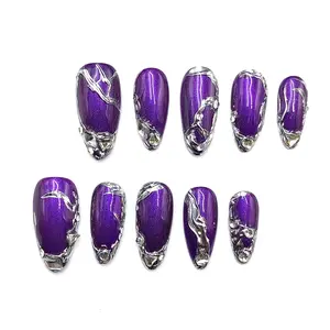 Medium almond 23mm style nail enhancement, dark purple glitter foundation make-up+silver three-dimensional flow texture+rhinestone embellishment, extremely gorgeous 23mm medium almond shaped nail - dark purple glitter - silver 3D vortex pattern