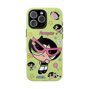 Cute cartoon-style Powerpuff Girl bubble film phone case, compatible with iPhone 17, 16, 15, 14, 13, and 12. Perfect gift choice.