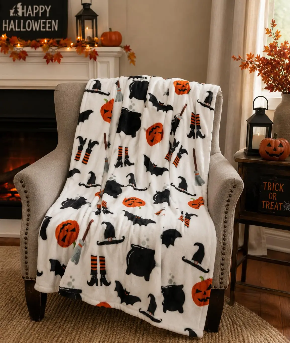 Halloween Witch Blanket Cute Pumpkin Cauldron Witch Hat Boots Pattern Flannel Plush Throw Blanket Cozy Fall Room Decor Gift for Kids Boys Girls