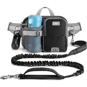 Hands Free Dog Leash with Phone Pouch, Water Bottle Holder - Adjustable Waist Belt 19-38