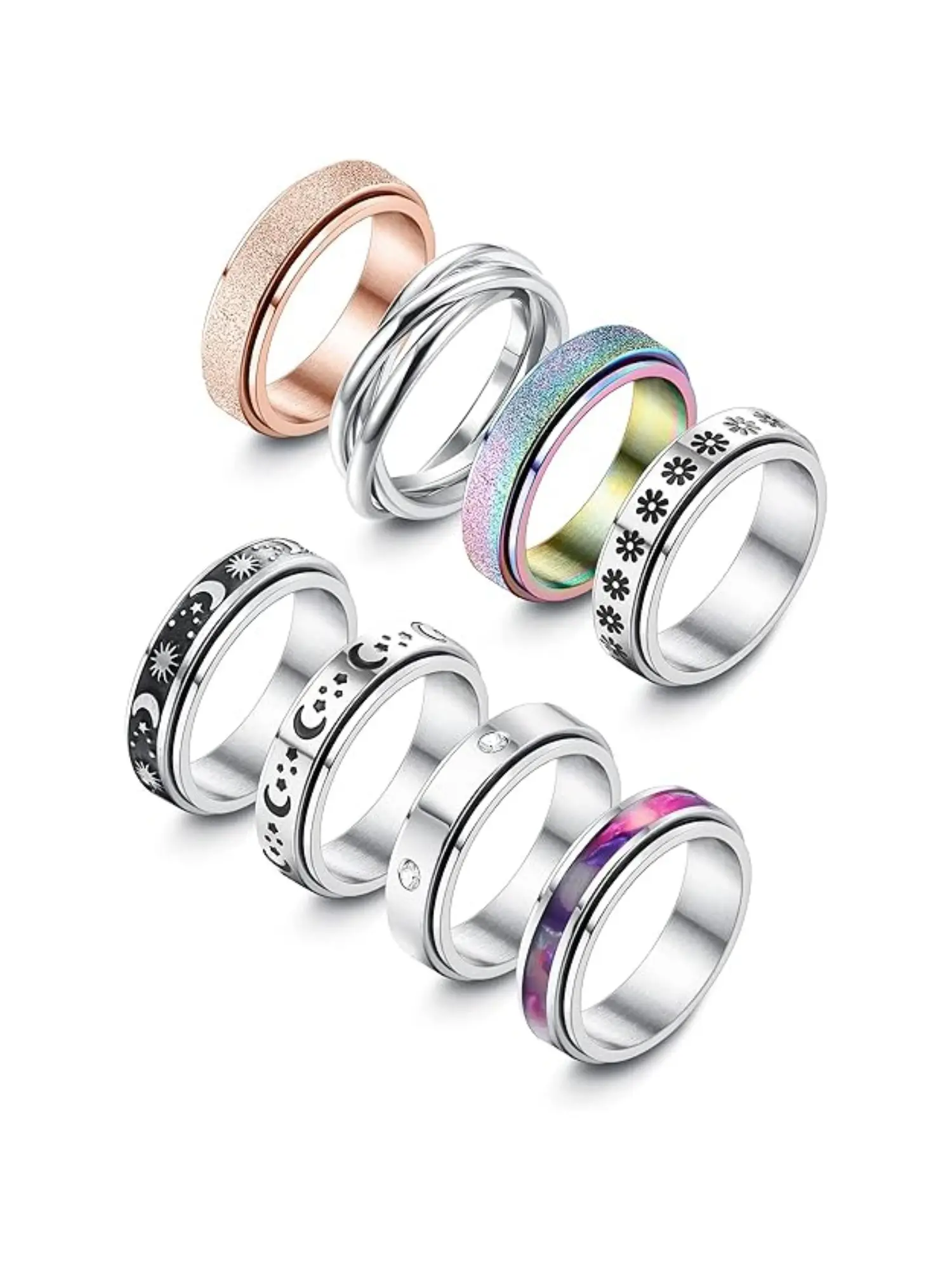 8Pcs Stainless Steel Spinner Rings Anxiety Relief Fidget Band Rings Anti Stress Spinning Rings Set For Women Men Stacking Ring Stackable Fidget Rings For Daily Holiday All Season Wear Calming Relaxing Jewelry Gift For Teens Adults Stackable Finger Rings