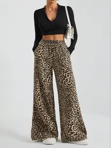 Women's Retro Leopard Print Wide Leg Pants, Loose-Fit High Waist Long Trousers, Casual Streetwear Trousers, All-Season Kint Fabric, Casual Fashion for Women