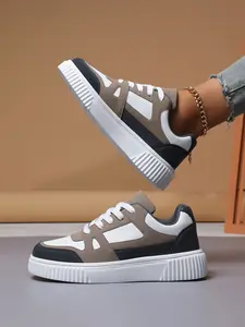 Women's Brown Colorblock Platform Sneakers Low-Top Casual Skate Shoes Comfortable Daily Sneakers