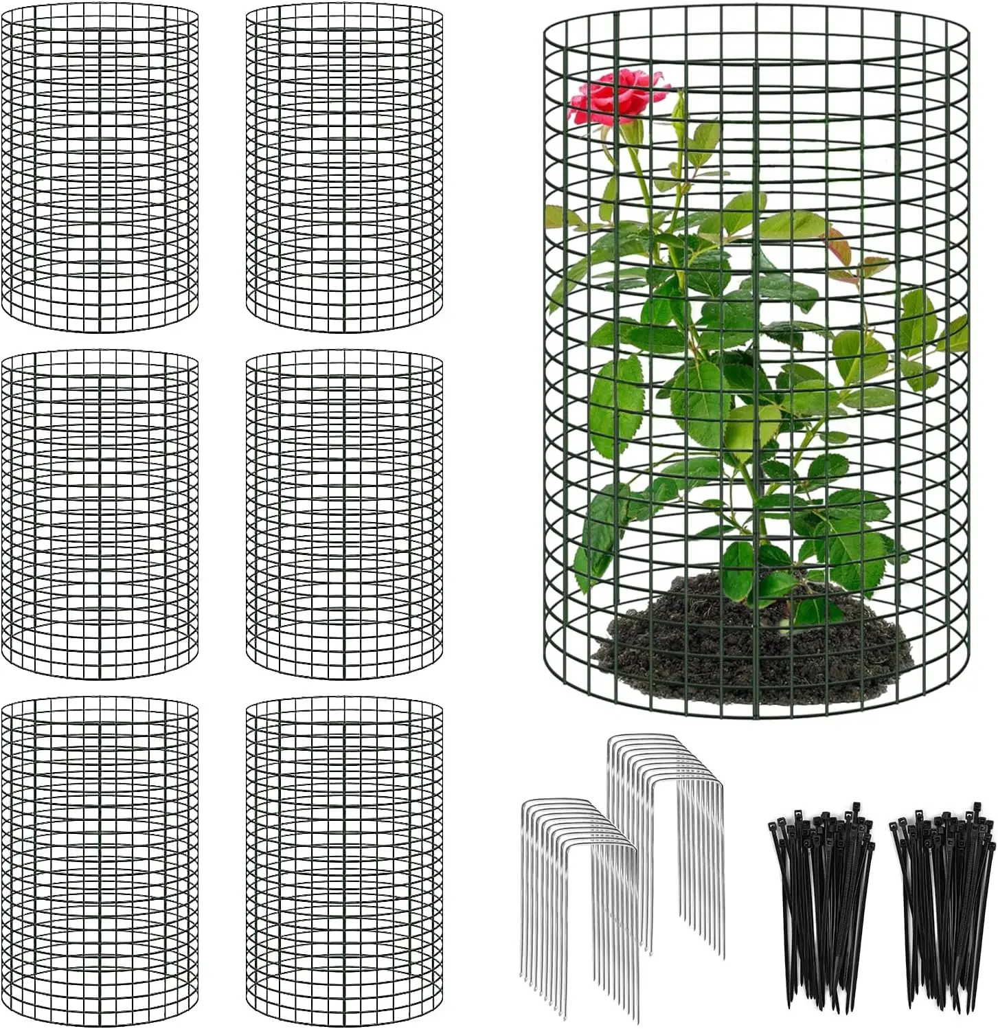 18 Pcs Cylindrical Steel Large Wire Plant Protectors (12x12x23 in/30x30x60 cm) - 6-Pack Windproof Cages with Ground Stakes, 100 Black Straps, Easy-Install Nylon Ties, Grow Plant Cages & Supports Set (Home Improvement Raised Bed Supplies)